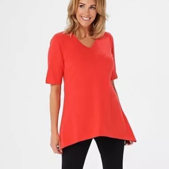 Denim&Co Tops - Denim & Co. Sz Large Perfect Jersey Melon V-neck Trapeze Hem Top Cotton/Spandex